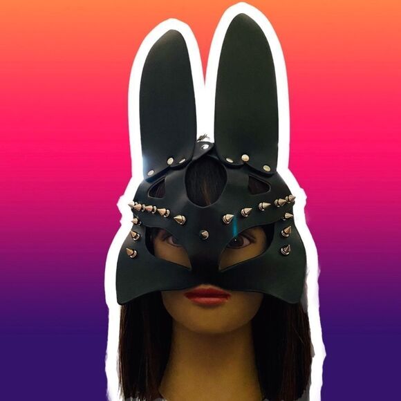 Black Leather Silver Spike Studded Bondage Mask Tall Rabbit Ears Full Facial NWT - Picture 4 of 4